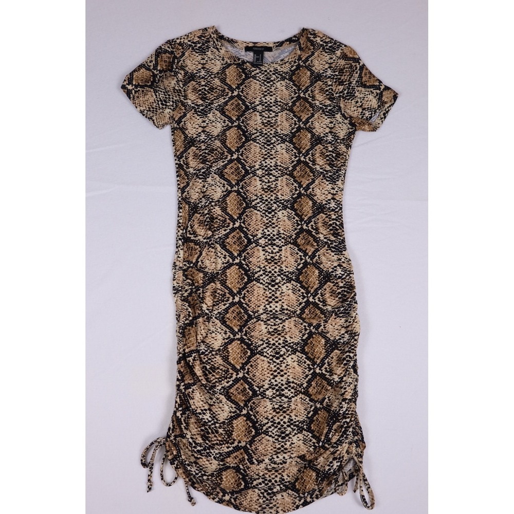Forever 21 Snakeskin Print Ruched Side Tie Bodycon Mini Dress Tan Brown Small
